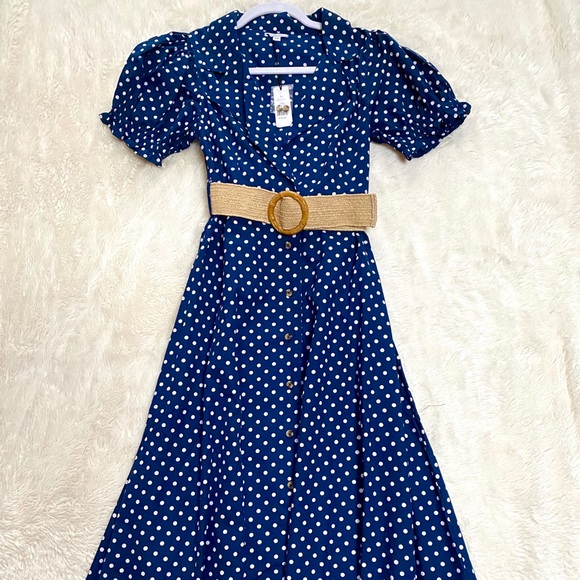 WE WORE WHAT — Vintage Inspired Navy Polka Dot Dress - Picture 5 of 8